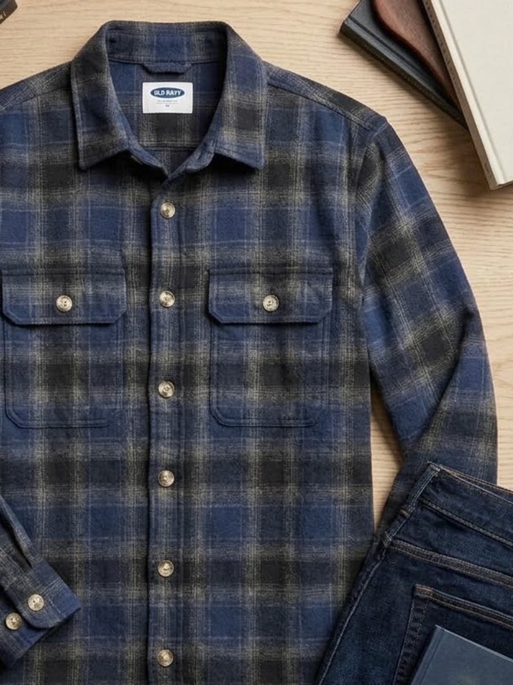 Men’s Shacket- Old Navy Blue and Gray Flannel Button-Down Jacket Shirt